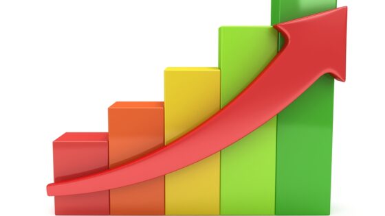 3d colored bar graph chart with red arrow going up